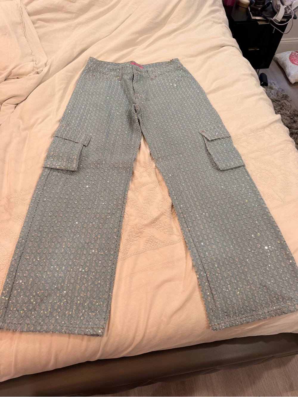 Edikted Light Blue Sequin Wide-Leg Cargo Jeans
